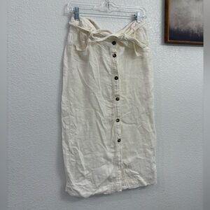 Anntian 6 100% Linen midi Buttoned Belted White Skirt